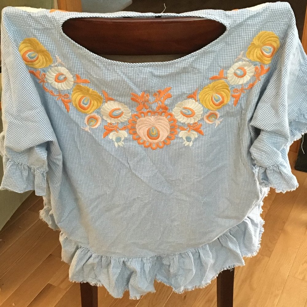 Zara Woman blue checked embroidered blouse